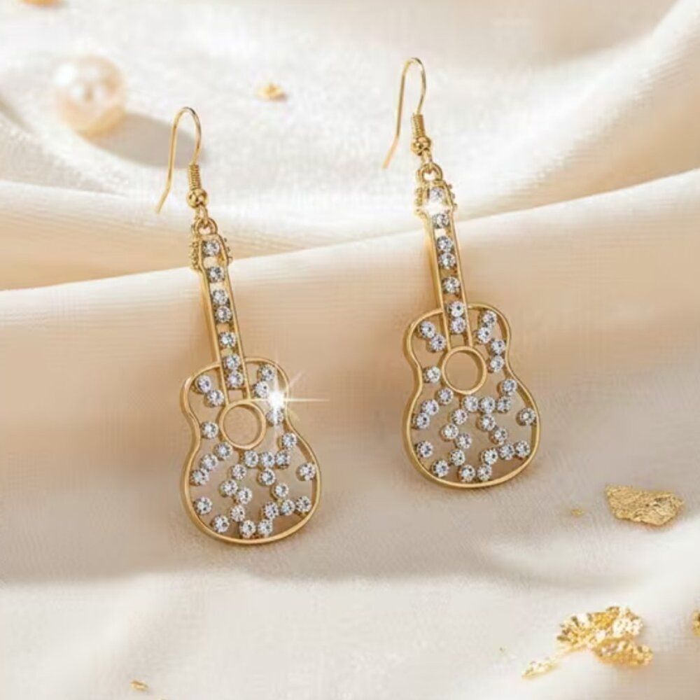 NWT Music City Glam Guitar Earrings Golden Rhinestone Dangle Festival Style